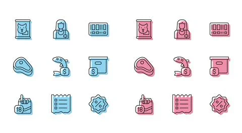 Set line Cigarettes pack box, Shopping list, Canned food, Discount percent tag Ilustração Stock