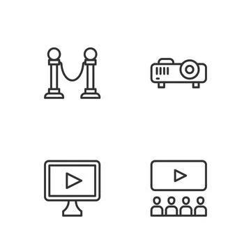 Set line Cinema auditorium with screen, Online play video, Rope barrier and Stock Illustration