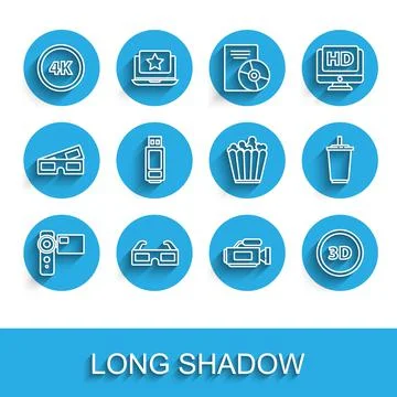 Set line Cinema camera, 3D cinema glasses, 4k Ultra HD, word, USB flash drive Stock Illustration