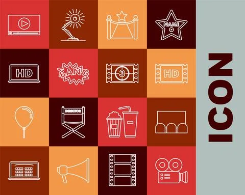 Set line Cinema camera, 4k movie, tape, frame, Carpet with barriers and star Stock-Illustration