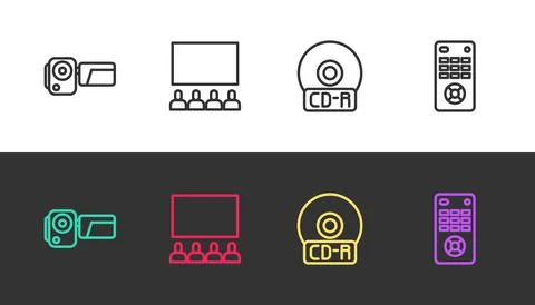 Set line Cinema camera, auditorium with screen, CD DVD disk and Remote control Stock Illustration