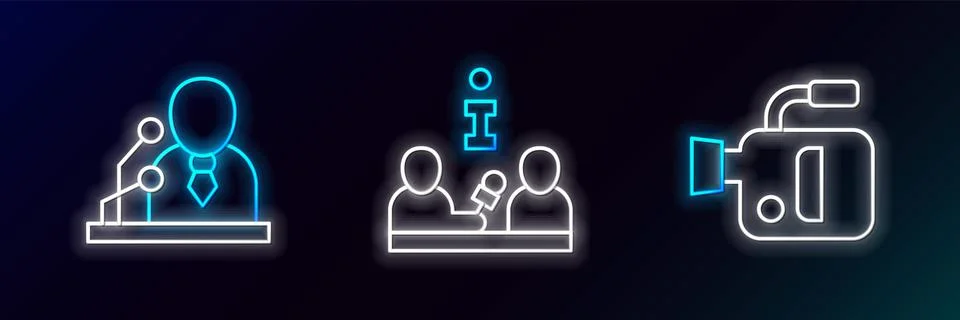 Set line Cinema camera, Breaking news and Interview icon. Glowing neon. Vecto Stock Illustration