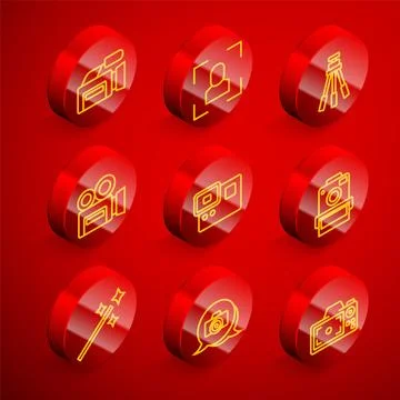 Set line Cinema camera, Camera focus frame line, Tripod, Retro cinema, Action 스톡 일러스트