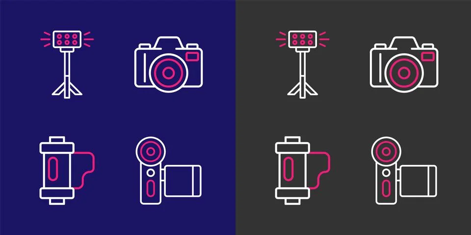 Set line Cinema camera, Camera film roll cartridge, Photo and Studio light .. Stock Illustration