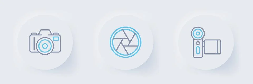 Set line Cinema camera, Camera shutter and Photo icon. Vector Иллюстрация