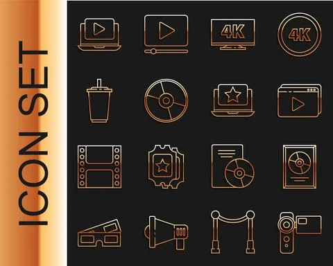 Set line Cinema camera, CD disk award frame, Online play video, Screen tv with Stock Illustration