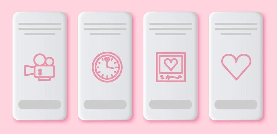 Set line Cinema camera, Clock, Photo frames and hearts and Heart. White Stock Illustration