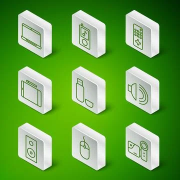 Set line Cinema camera, Computer mouse, Laptop, USB flash drive, Graphic tablet Illustrazione stock