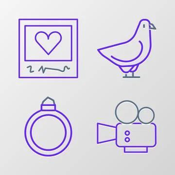 Set line Cinema camera, Diamond engagement ring, Dove and Photo frames and Stock Illustration
