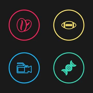 Set line Cinema camera, DNA symbol, American Football ball and Coffee beans icon Stockillustratie