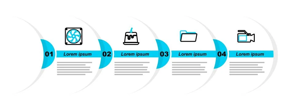 Set line Cinema camera, Folder, Pudding custard and Computer cooler icon. Vector Stock Illustration