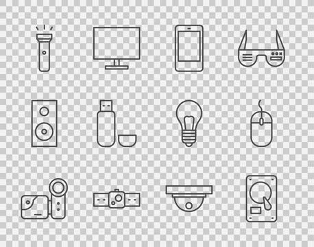 Set line Cinema camera, Hard disk drive HDD, Smartphone, mobile phone, Smar.. Stock Illustration