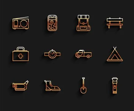 Set line Cinema camera, Hiking boot, Radio with antenna, Shovel, Flashlight Ilustración de archivo