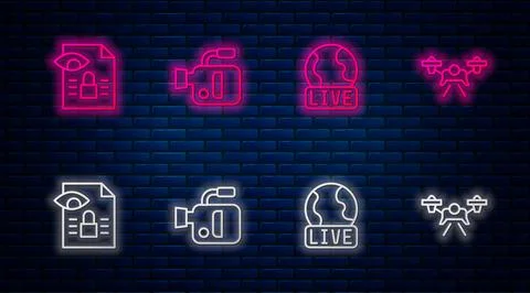 Set line Cinema camera, Live report, Journalistic investigation and Drone Stock Illustration