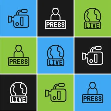 Set line Cinema camera, Live report and Journalist news icon. Vector Stock Illustration