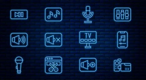 Set line Cinema camera, Music player, Microphone, Speaker mute, volume, Pau.. Stock Illustration