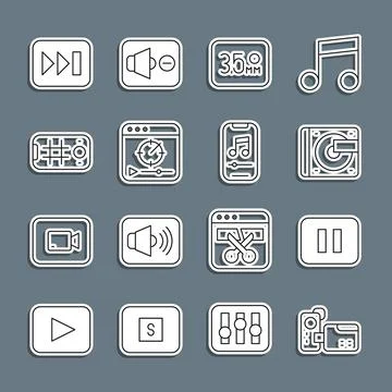 Set line Cinema camera, Pause button, Vinyl player with vinyl disk, Audio jack Stock Illustration