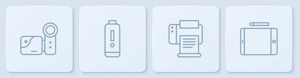Set line Cinema camera, Printer, Battery charge level indicator and Graphic Illustrazione stock