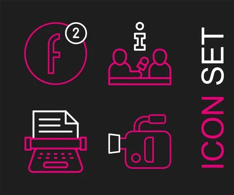 Set line Cinema camera, Retro typewriter, Interview and Create account icon Stock Illustration