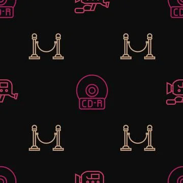Set line Cinema camera, Rope barrier and CD or DVD disk on seamless pattern Stock Illustration