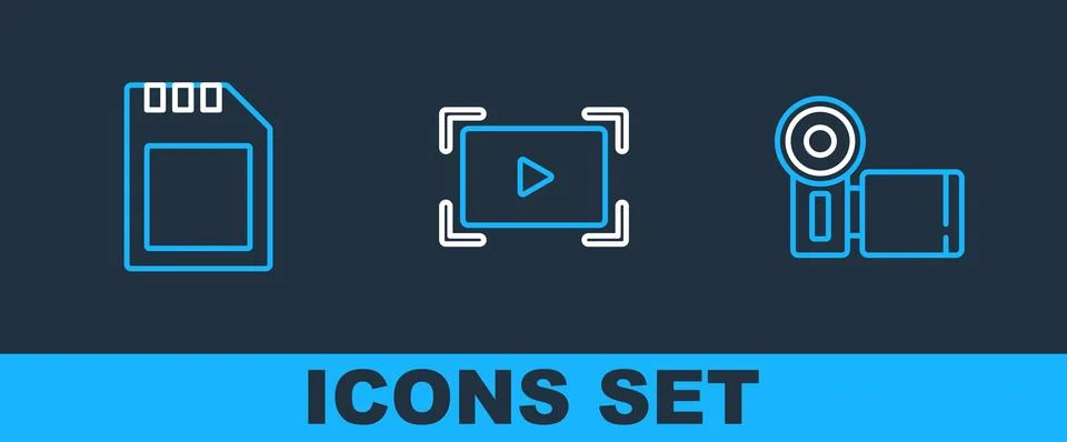 Set line Cinema camera, SD card and Online play video icon. Vector Illustrazione stock