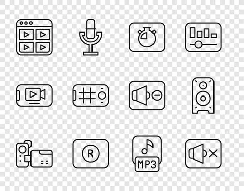 Set line Cinema camera, Speaker mute, Stopwatch, Record button, Music playlist Stock Illustration