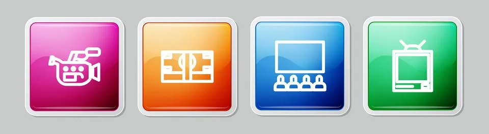 Set line Cinema camera, Stacks paper money cash, auditorium with screen and Stock Illustration
