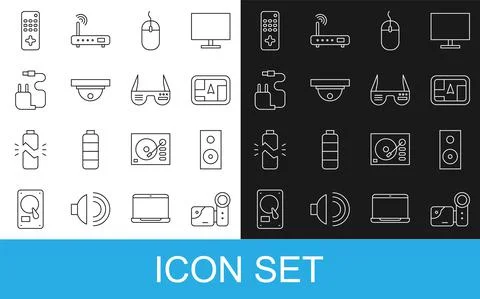 Set line Cinema camera, Stereo speaker, Gps device with map, Computer mouse Illustrazione stock