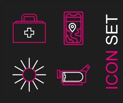 Set line Cinema camera, Sun, City map navigation and First aid kit icon. Vect Stock Illustration