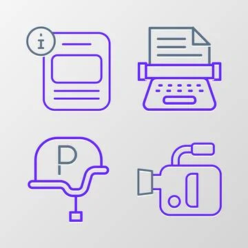 Set line Cinema camera, War journalist, Retro typewriter and Information icon Stock Illustration