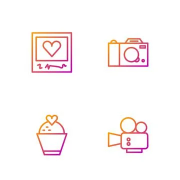 Set line Cinema camera, Wedding cake with heart, Photo frames and hearts and  Stock Illustration