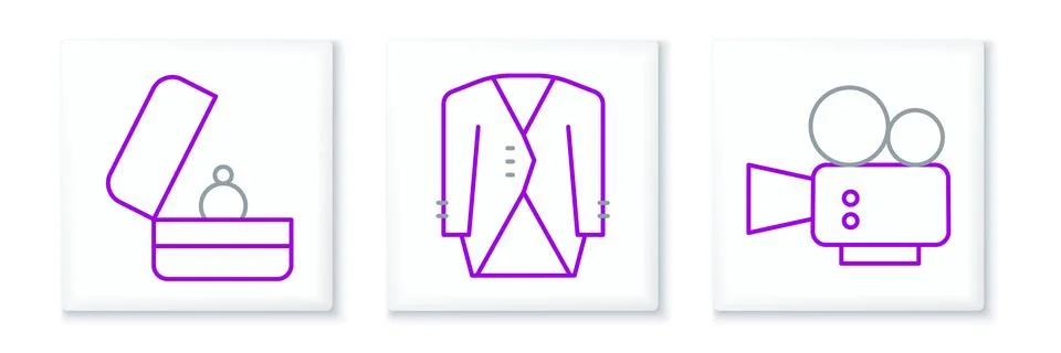 Set line Cinema camera, Wedding rings and Suit icon. Vector Stock Illustration