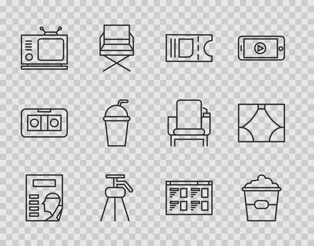 Set line Cinema poster, Popcorn box, ticket, Tripod, Retro tv, Paper glass .. Stock Illustration