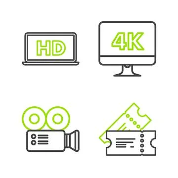 Set line Cinema ticket, camera, Computer PC monitor with 4k video technology and イラスト素材