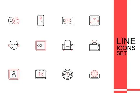 Set line Cinema ticket, Camera shutter, 4k movie, Play Video, Retro tv, cha.. Stock Illustration