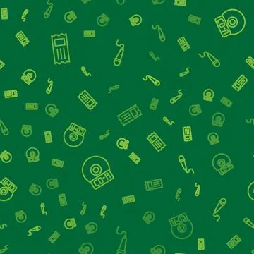 Set line Cinema ticket, CD or DVD disk and Microphone on seamless pattern Stock Illustration