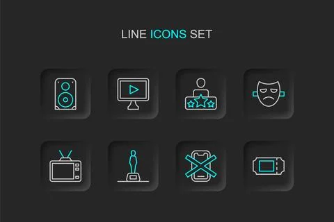 Set line Cinema ticket, No cell phone, Movie trophy, Retro tv, Drama theatr.. Stock Illustration