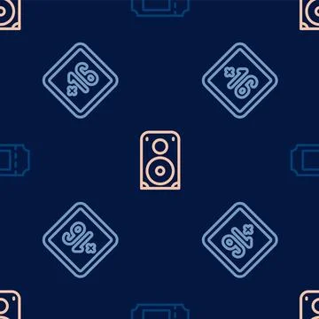 Set line Cinema ticket, Plus 16 movie and Stereo speaker on seamless pattern 스톡 일러스트