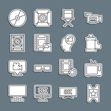 Set line Cinema ticket, Retro tv, Camera film roll cartridge, Director movi.. Stock Illustration