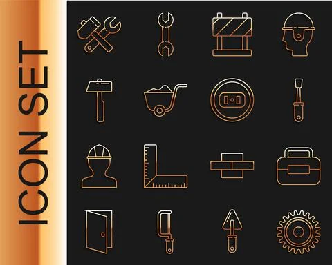 Set line Circular saw blade, Toolbox, Screwdriver, Road barrier, Shovel, Hammer Illustration