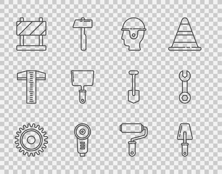 Set line Circular saw blade, Trowel, Worker safety helmet, Angle grinder, Road Stock Illustration