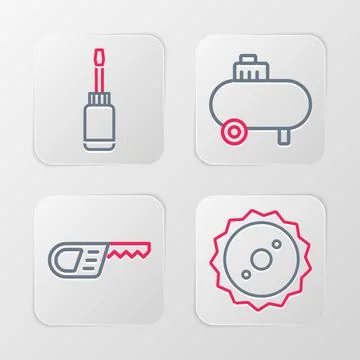 Set line Circular saw blade, Reciprocating, Air compressor and Screwdriver icon Stock Illustration