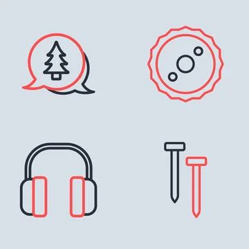 Set line Circular saw blade, Headphones, Metallic nails and Tree icon. Vector Illustrazione stock