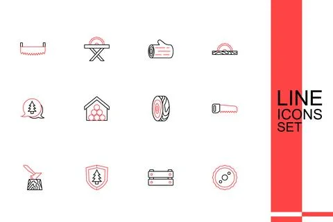 Set line Circular saw blade, Wooden box, Shield with tree, axe in stump, Ha.. Stock Illustration