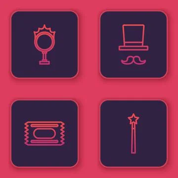 Set line Circus fire hoop, ticket, Magician and wand. Blue square button. Vector Stock Illustration