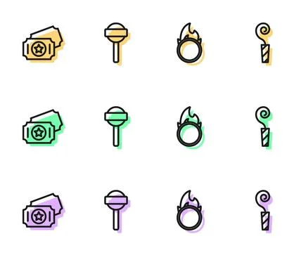 Set line Circus fire hoop, ticket, Lollipop and Birthday party horn icon. Vector Stock Illustration