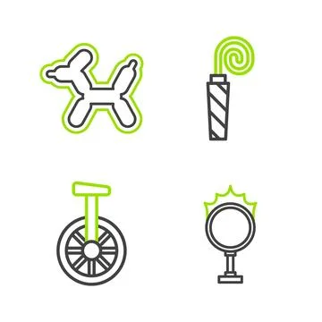 Set line Circus fire hoop, Unicycle or one wheel bicycle, Birthday party ho.. Illustrazione stock
