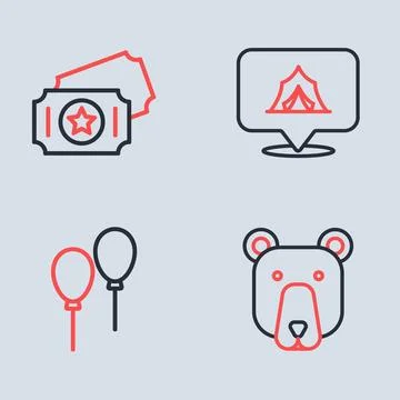Set line Circus tent, Balloons with ribbon, Bear head and ticket icon. Vector Stock Illustration