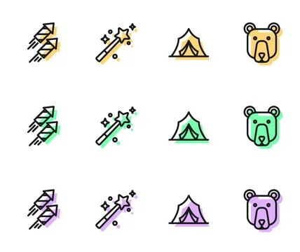 Set line Circus tent, Firework rocket, Magic wand and Bear head icon. Vector Illustrazione stock