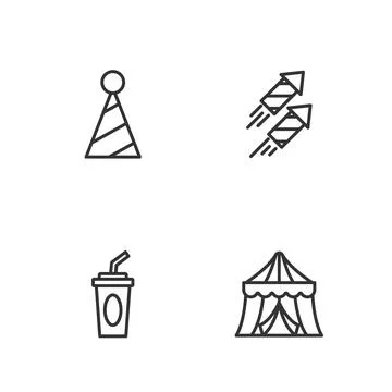 Set line Circus tent, Paper glass with water, Party hat and Firework rocket.. Иллюстрация